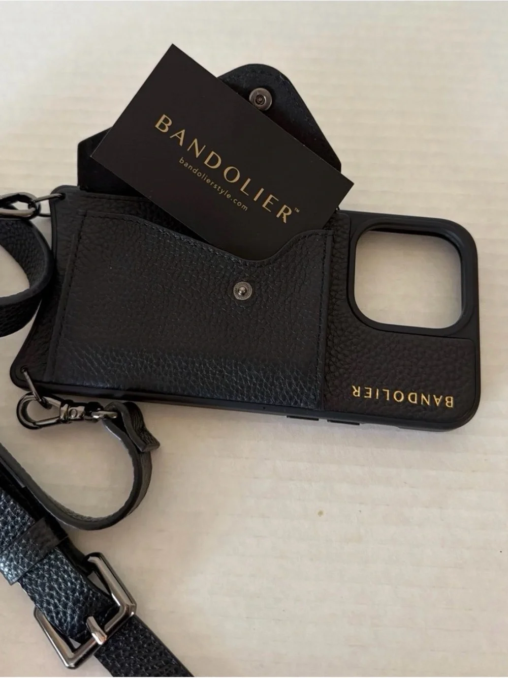 BANDOLIER Black Leather iPhone 15 Pro Max Phone Case with Strap